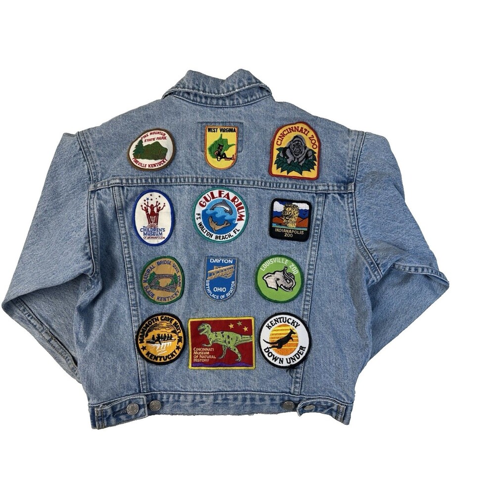 Vintage Gap Patched Denim Jacket Womens M Cropped 90s Trucker Travel Souvenir